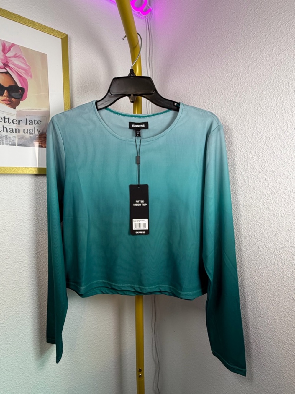 Express Women's Teal Ombre Long Sleeve Mesh Crop Top - Size L - NWT $38
